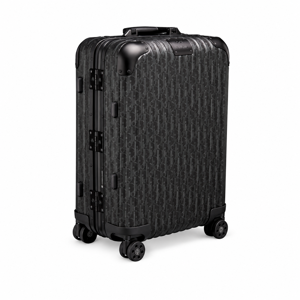 DIOR AND RIMOWA black suitcase – angle view on white