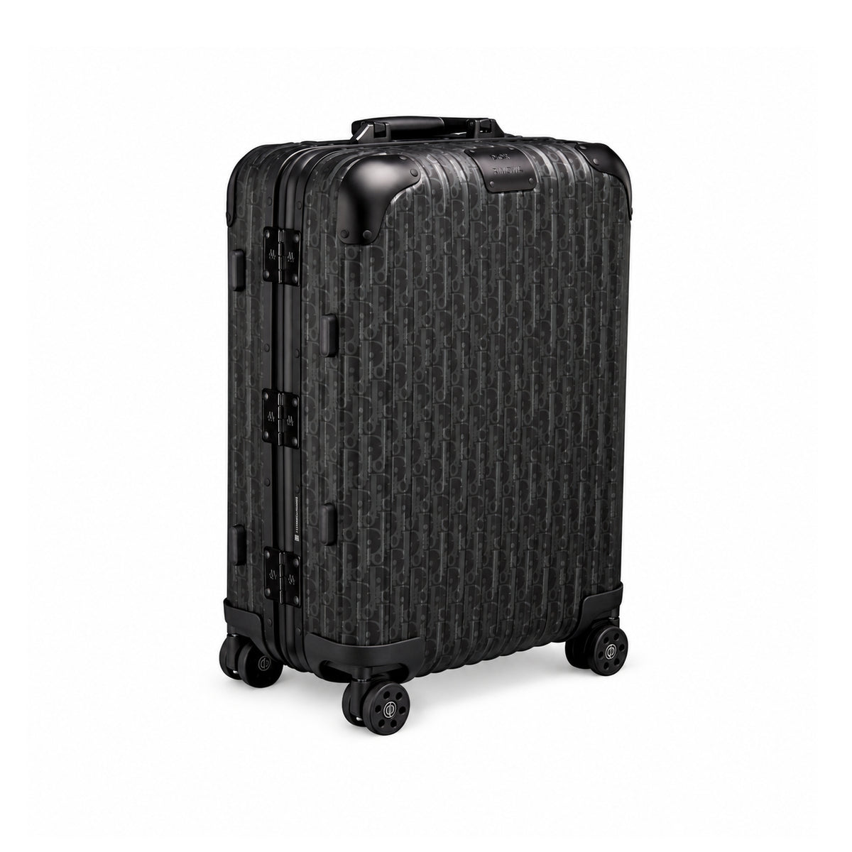 DIOR AND RIMOWA black suitcase – angle view on white