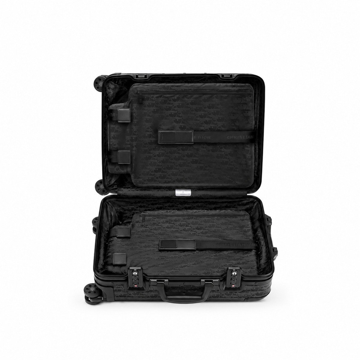DIOR AND RIMOWA black suitcase – open interior view on white