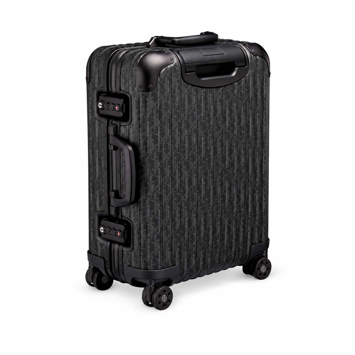DIOR AND RIMOWA black suitcase – side view on white