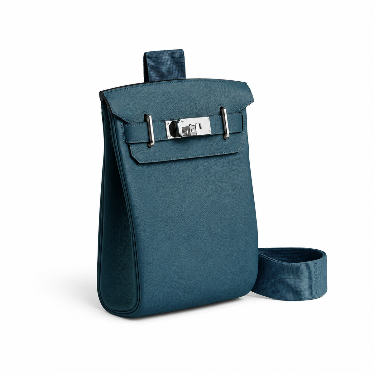 Hermès Hac a Dos PM – Bleu Tempête – Three-quarter view on white background