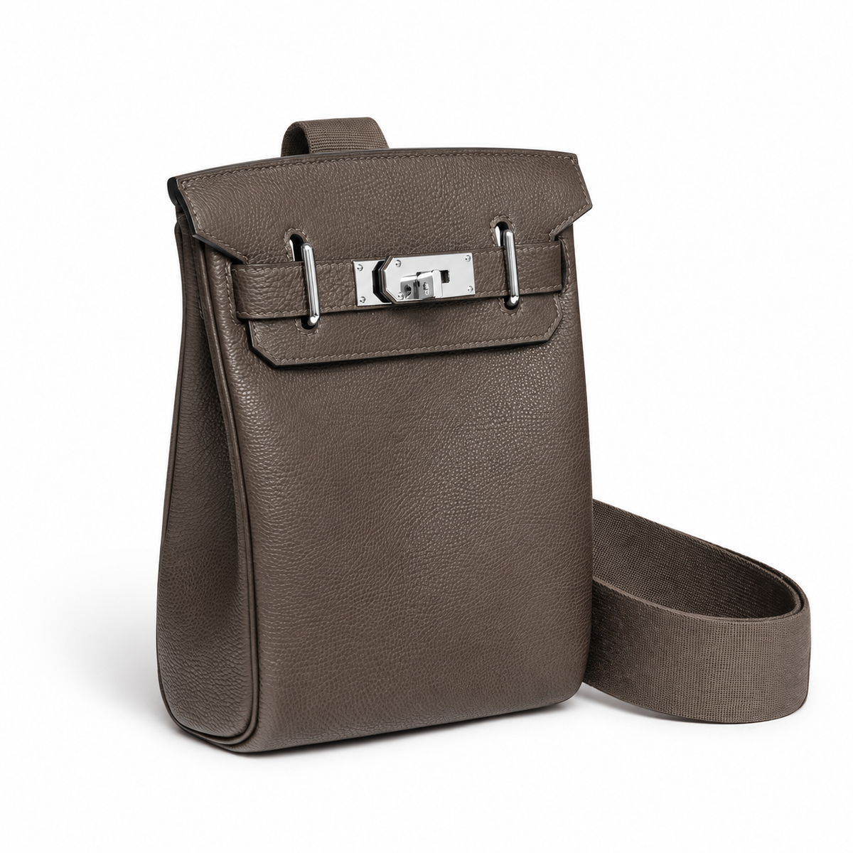 Hermès Hac a Dos PM – Gris Étain – Three-quarter view on white background