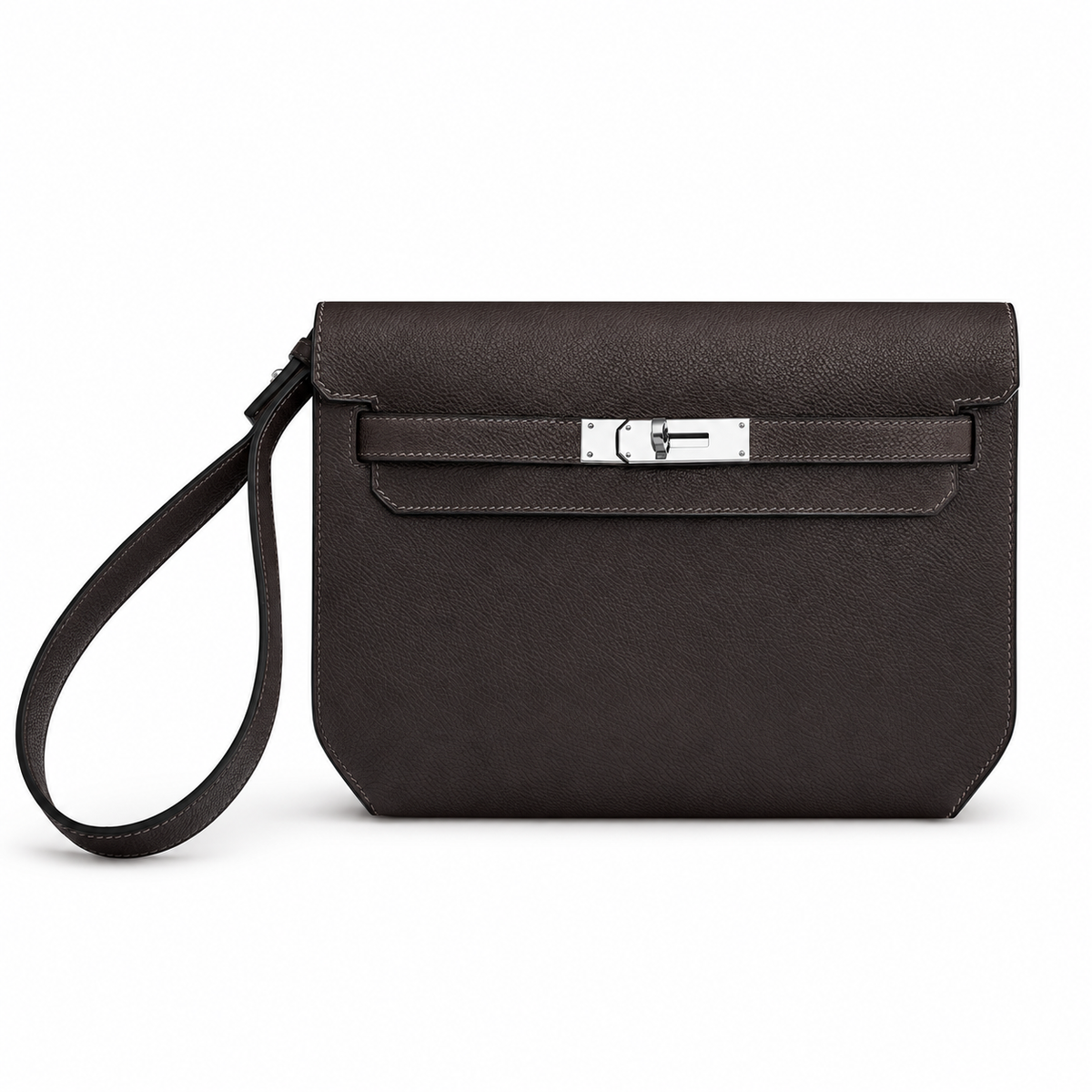 Hermès Kelly Dépêches 25 Pouch – Ébène – Front view on white background