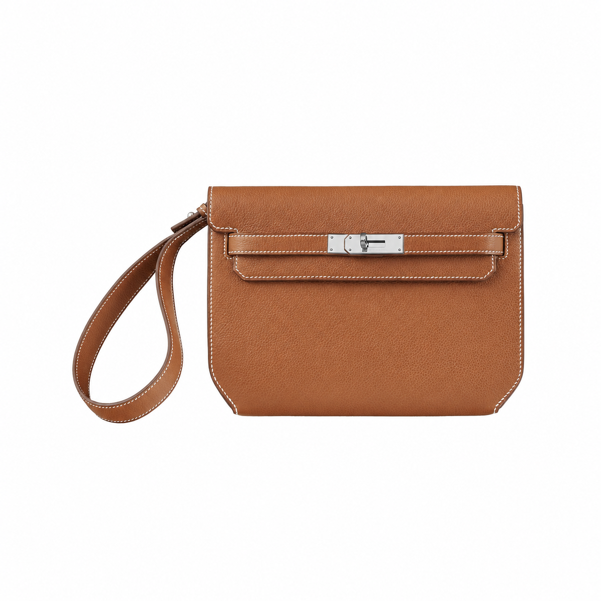 Hermès Kelly Dépêches 25 Pouch – Fauve – front view on white background