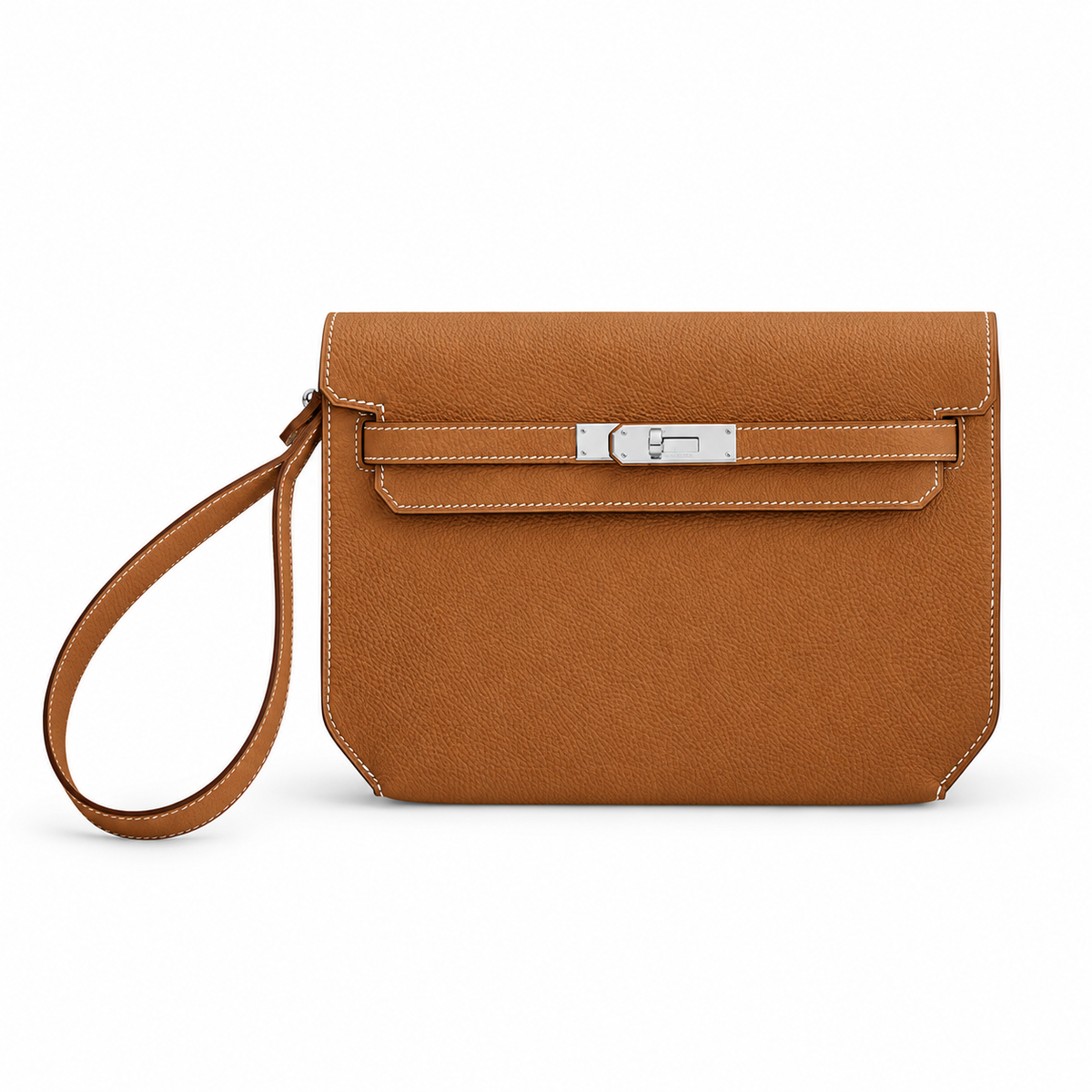 Hermès Kelly Dépêches 25 Pouch – Gold – Front view on white background