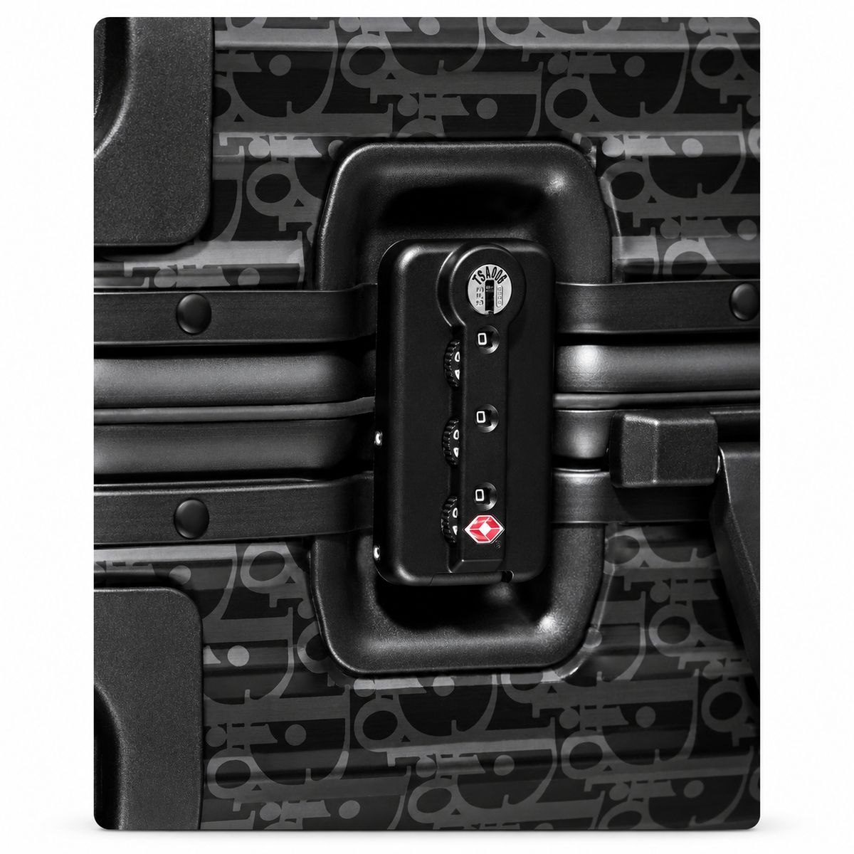 DIOR AND RIMOWA black suitcase – detail view on white