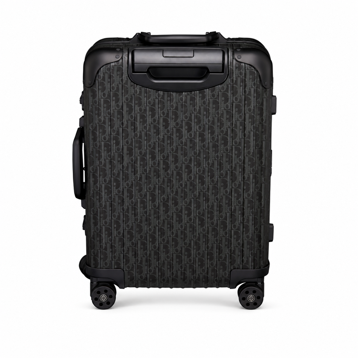 DIOR AND RIMOWA black suitcase – rear view on white