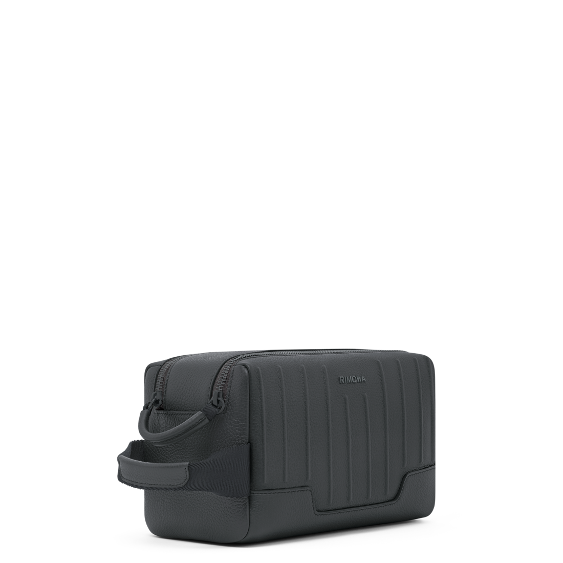 RIMOWA Never Still Leather Toiletry Bag Anthracite Grey — angled view