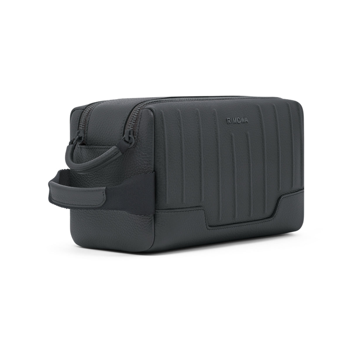 RIMOWA Never Still Leather Toiletry Bag Anthracite Grey — angled view