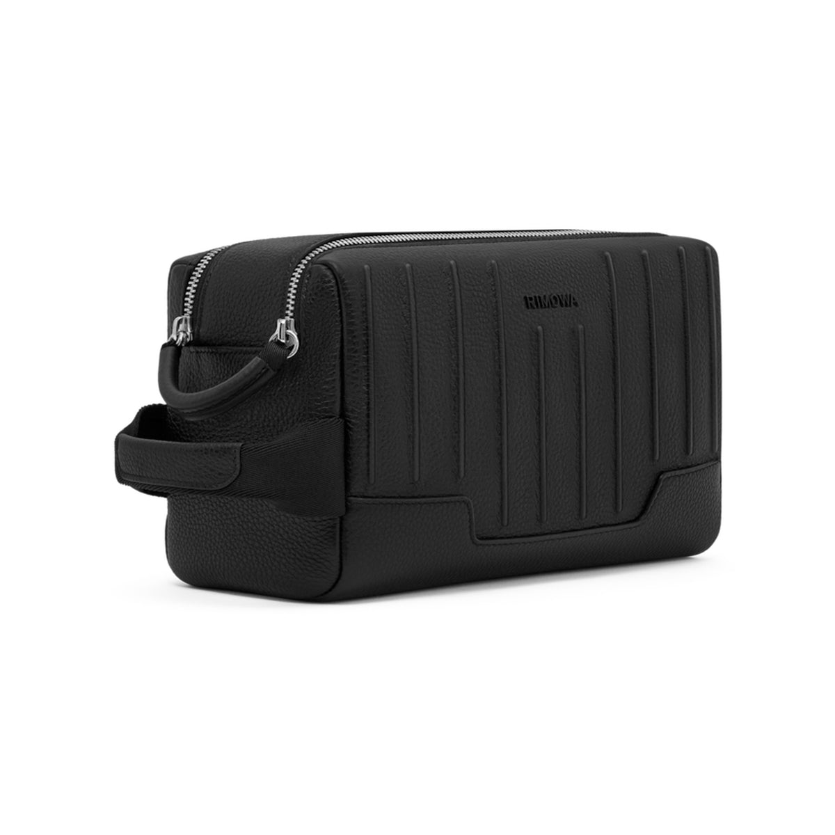 RIMOWA Never Still Leather Toiletry Bag Black — angled view