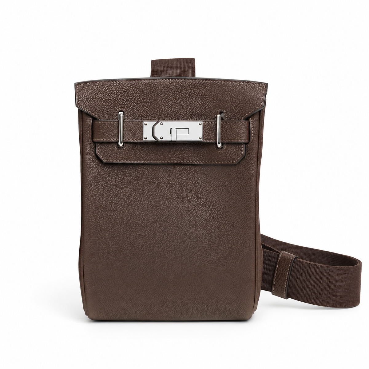 Hermès Hac a Dos PM – Ébène – Front view on white background