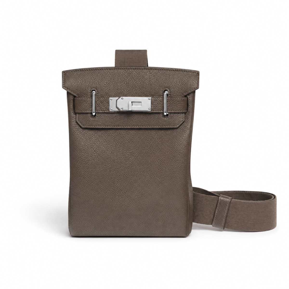 Hermès Hac a Dos PM – Gris Étain – Front view on white background
