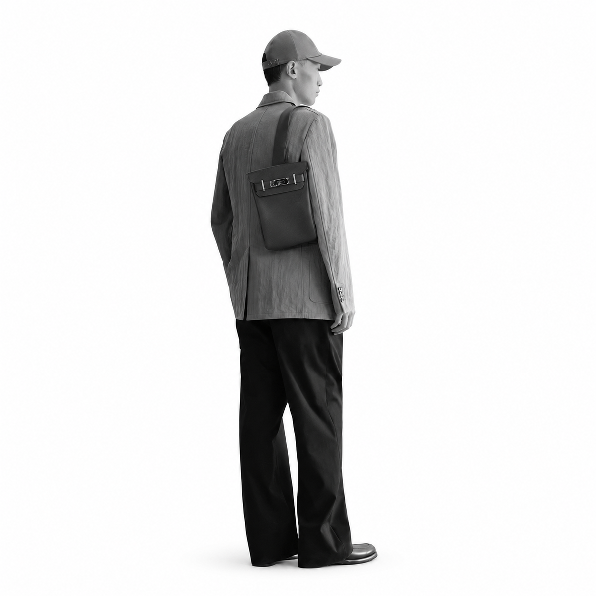 Hermès Hac a Dos PM – Gris Misty – On-body styling on white background