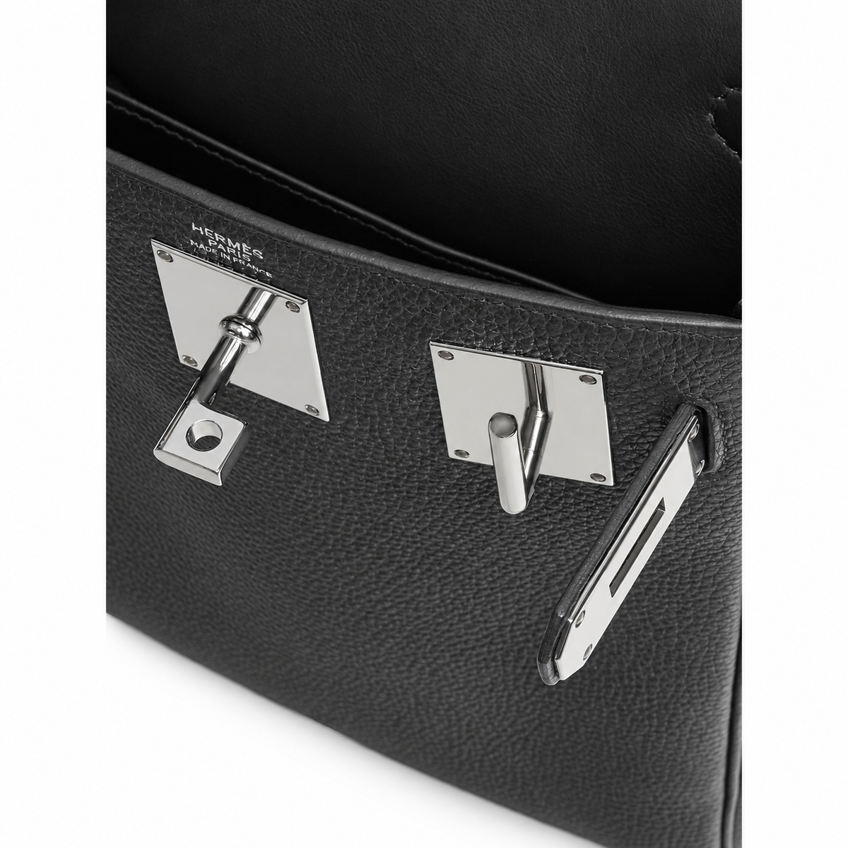 Hermès Hac a Dos PM – Plomb – Clasp close-up on white background