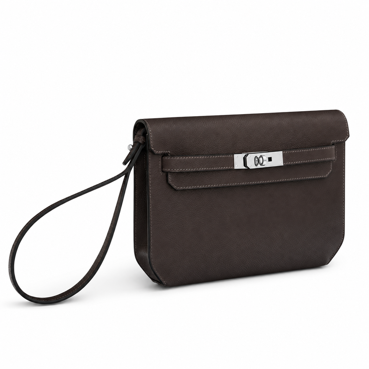 Hermès Kelly Dépêches 25 Pouch – Ébène – Side / three-quarter view on white background