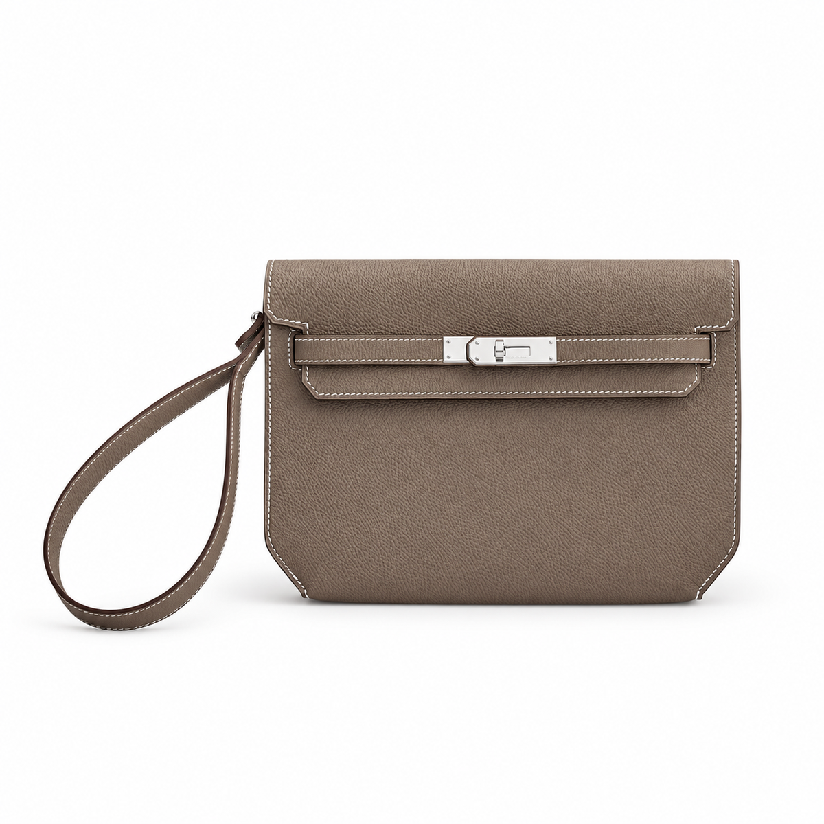 Hermès Kelly Dépêches 25 Pouch – Étoupe – front view on white background
