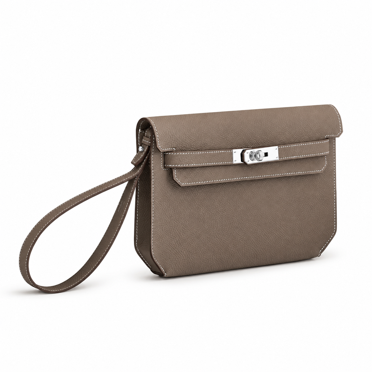 Hermès Kelly Dépêches 25 Pouch – Étoupe – three-quarter view on white background