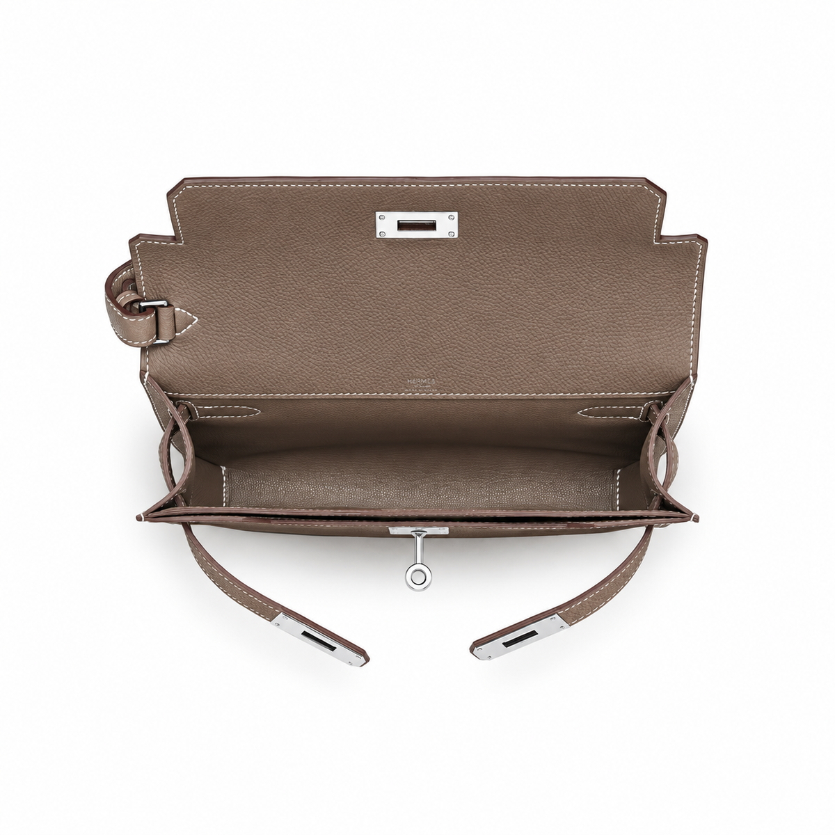 Hermès Kelly Dépêches 25 Pouch – Étoupe – interior view on white background