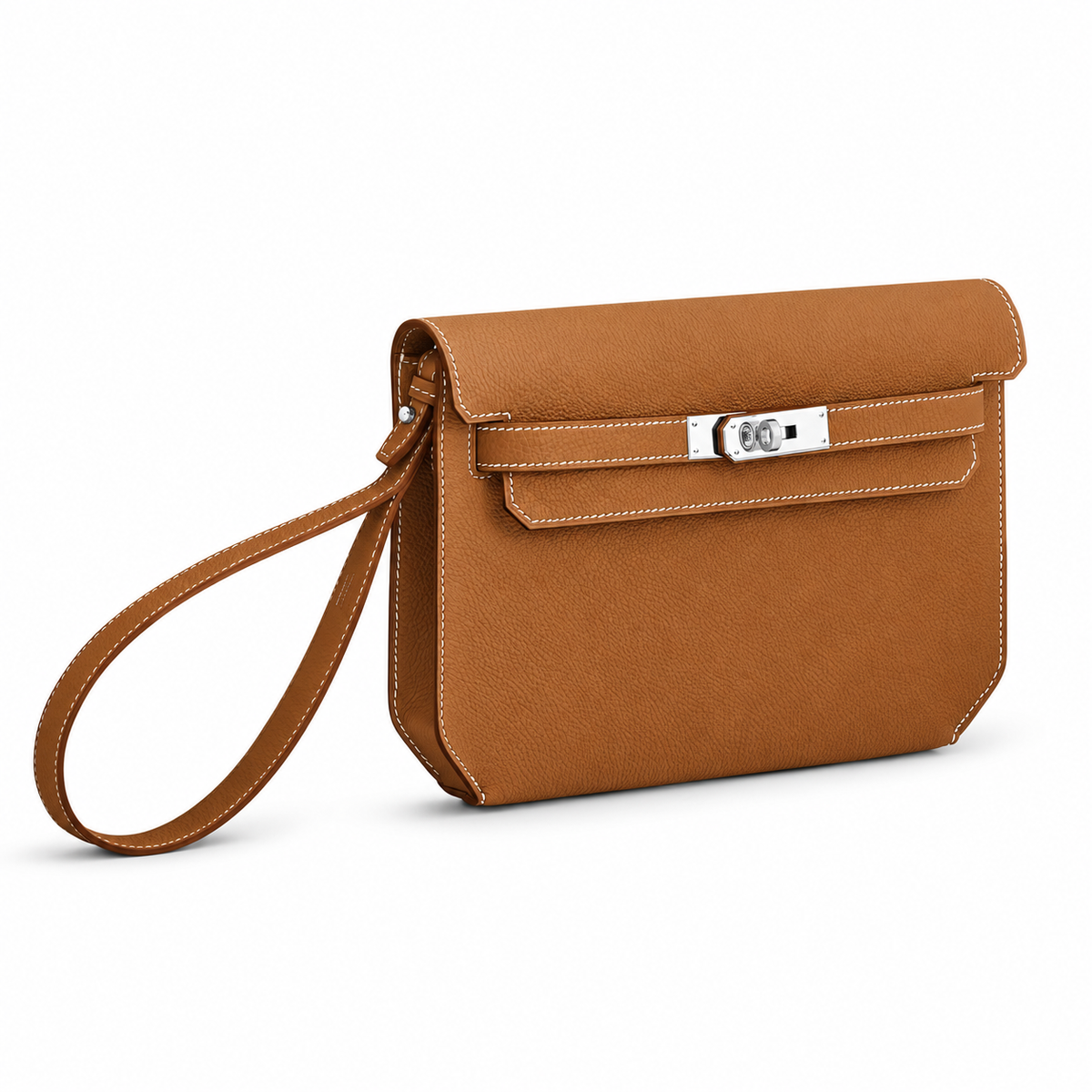 Hermès Kelly Dépêches 25 Pouch – Gold – Side / three-quarter view on white background