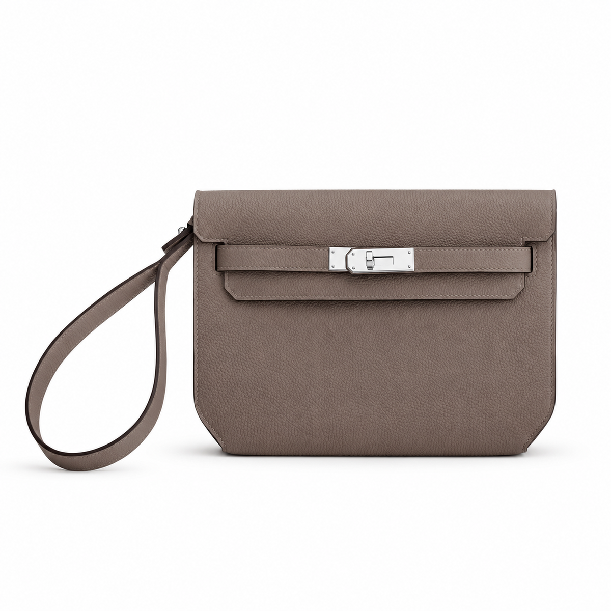 Hermès Kelly Dépêches 25 Pouch – Gris Étain – Front view on white background