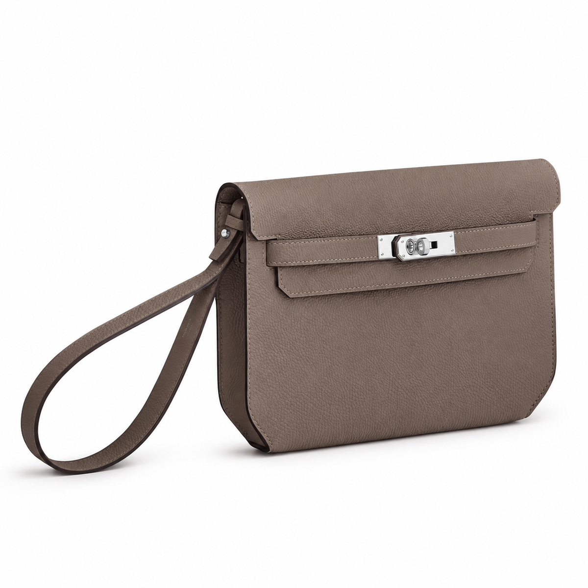 Hermès Kelly Dépêches 25 Pouch – Gris Étain – Side / three-quarter view on white background