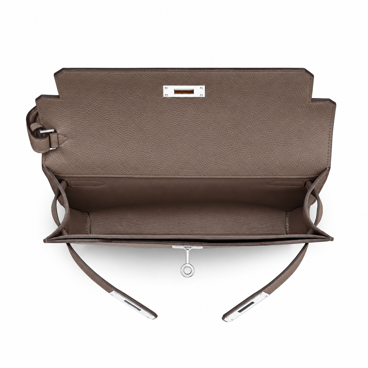 Hermès Kelly Dépêches 25 Pouch – Gris Étain – Interior view on white background