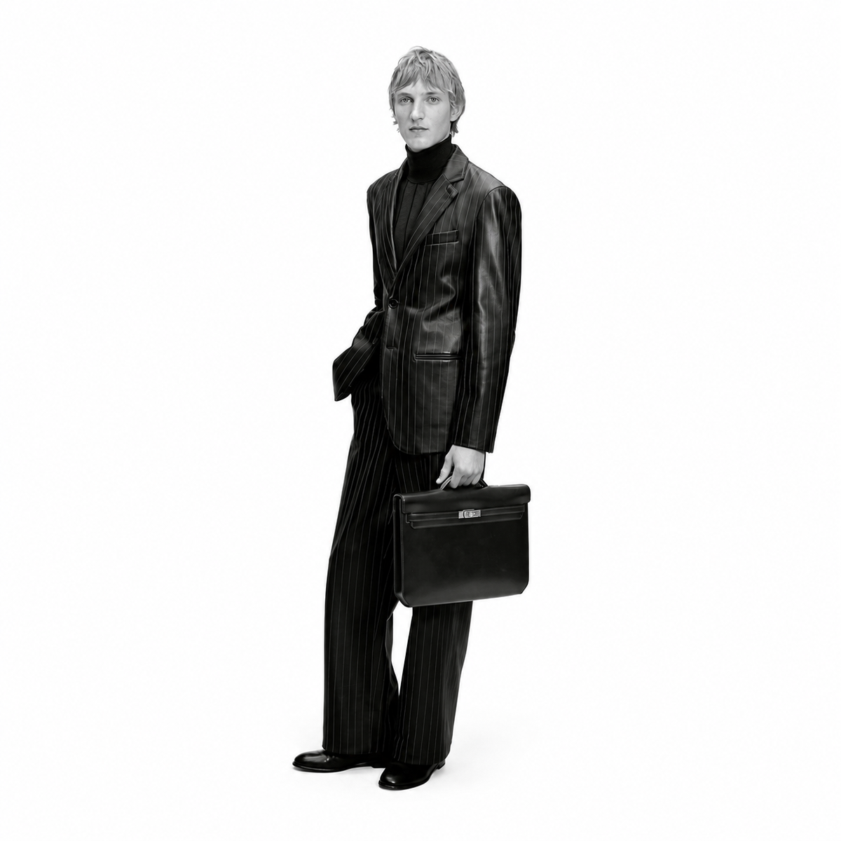 Hermès Kelly Dépêches 36 Briefcase – Noir – black-and-white model carrying the briefcase on white background
