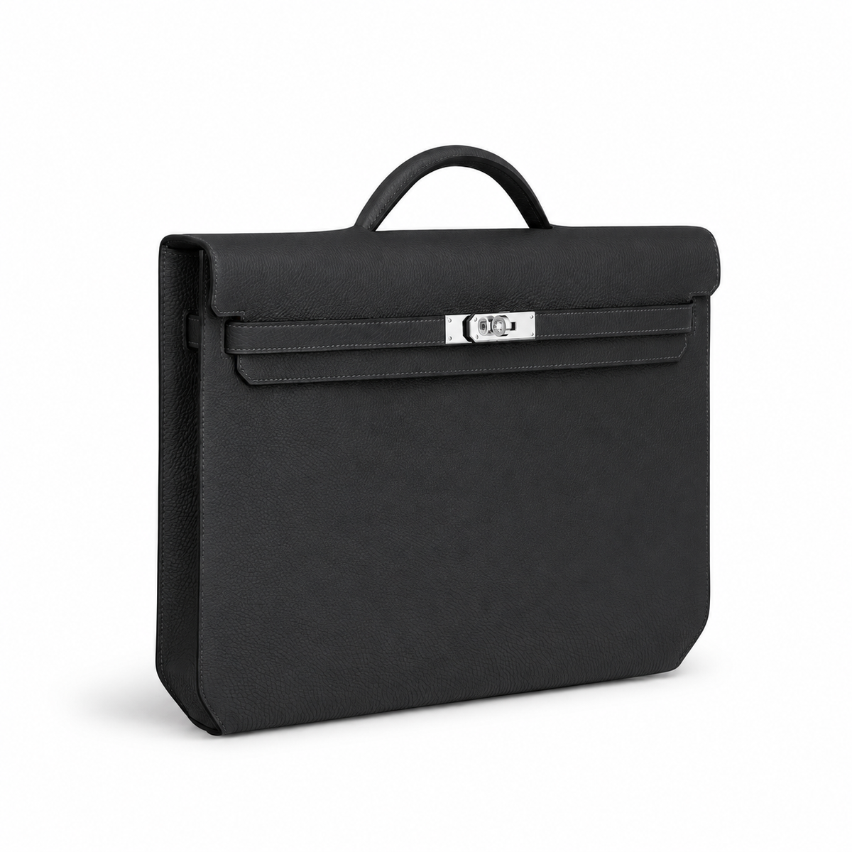 Hermès Kelly Dépêches 36 Briefcase – Noir – front three-quarter view including the full handle on white background
