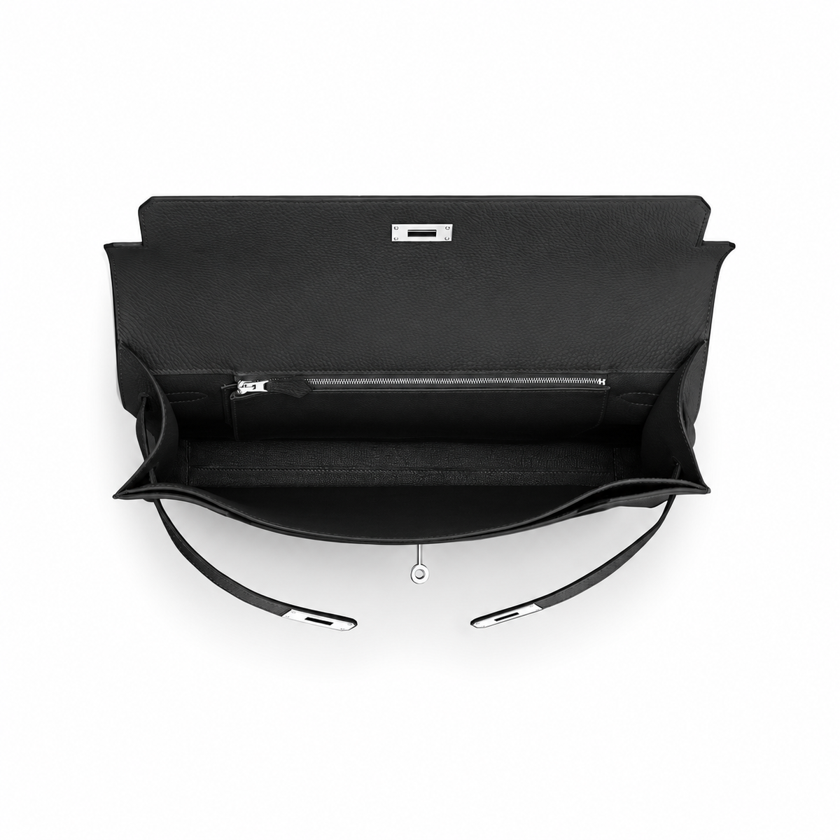 Hermès Kelly Dépêches 36 Briefcase – Noir – overhead view into the open briefcase and its existing zipped pocket on white background